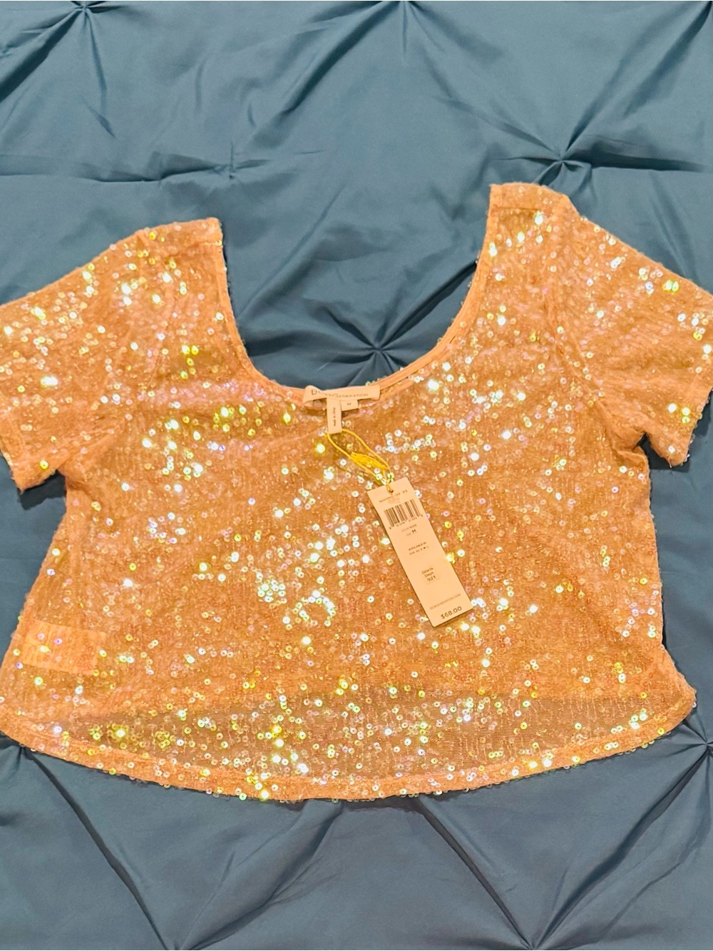 BCBGeneration Iridescent Peach Sequin Scoop Crop Top